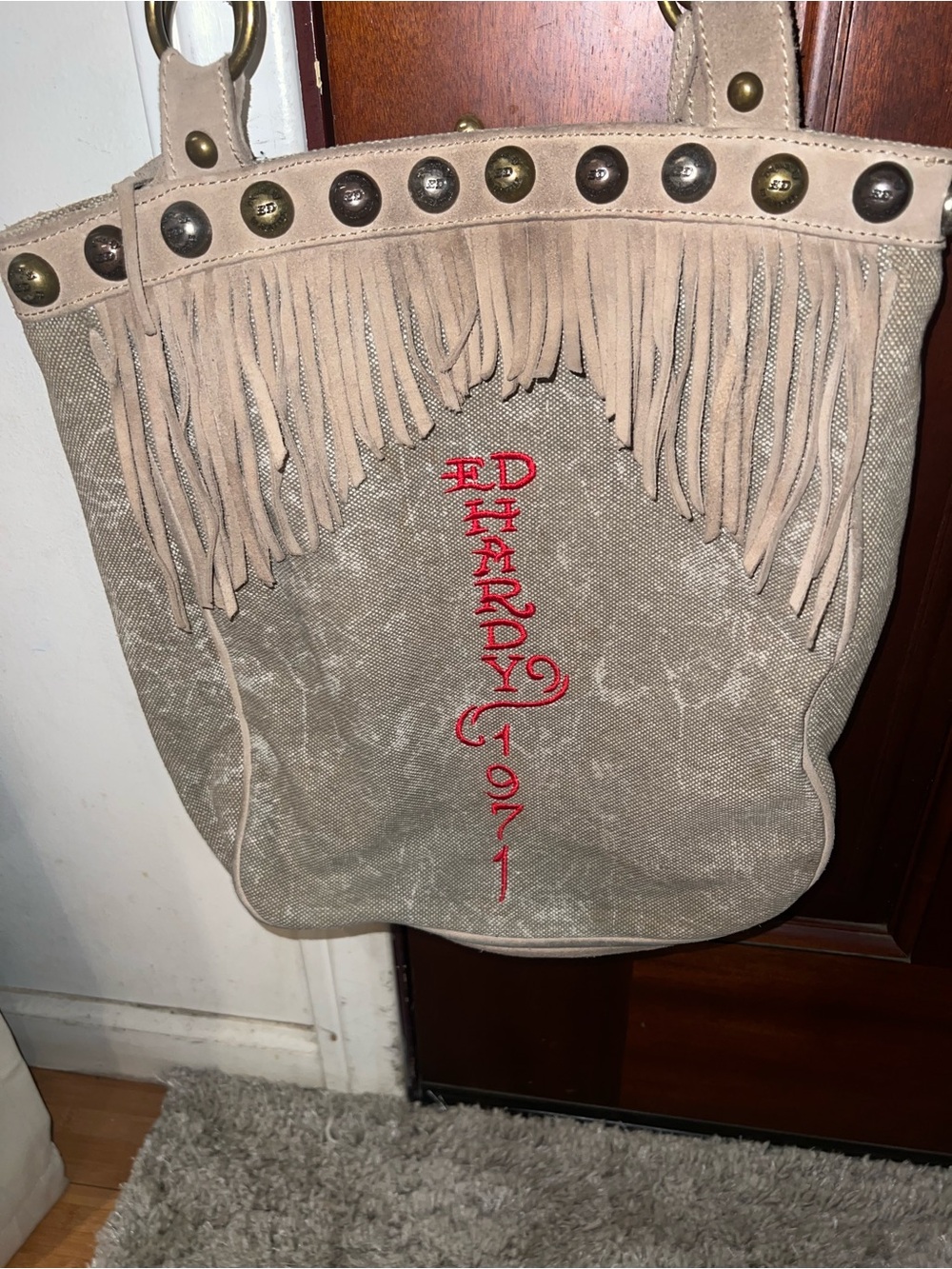 Ed Hardy Beige Canvas Tote with Red Vertical Logo and Fringe